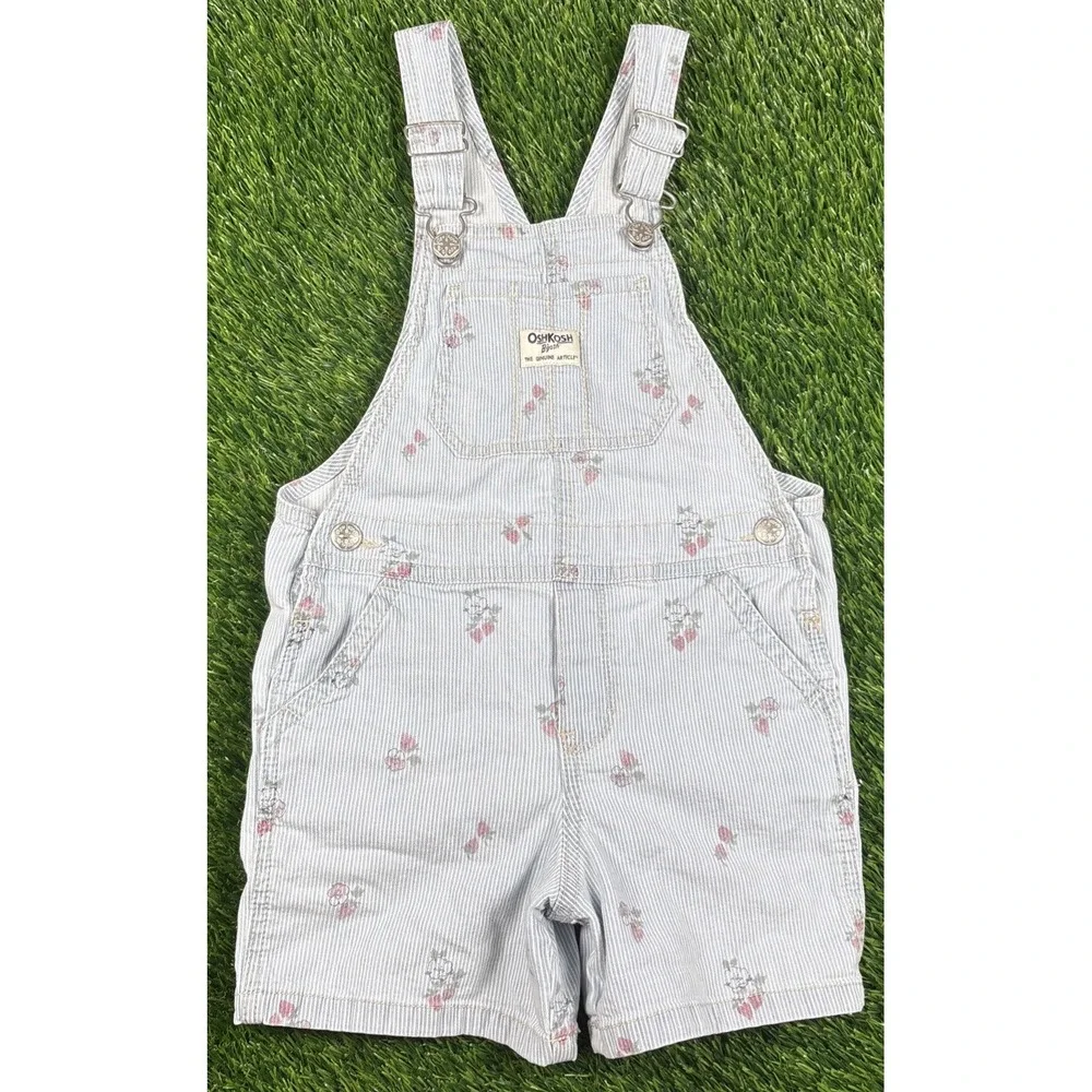 Vintage OshKosh B'gosh Vestbak Strawberries Striped Girls Overalls Sz 5T Pockets